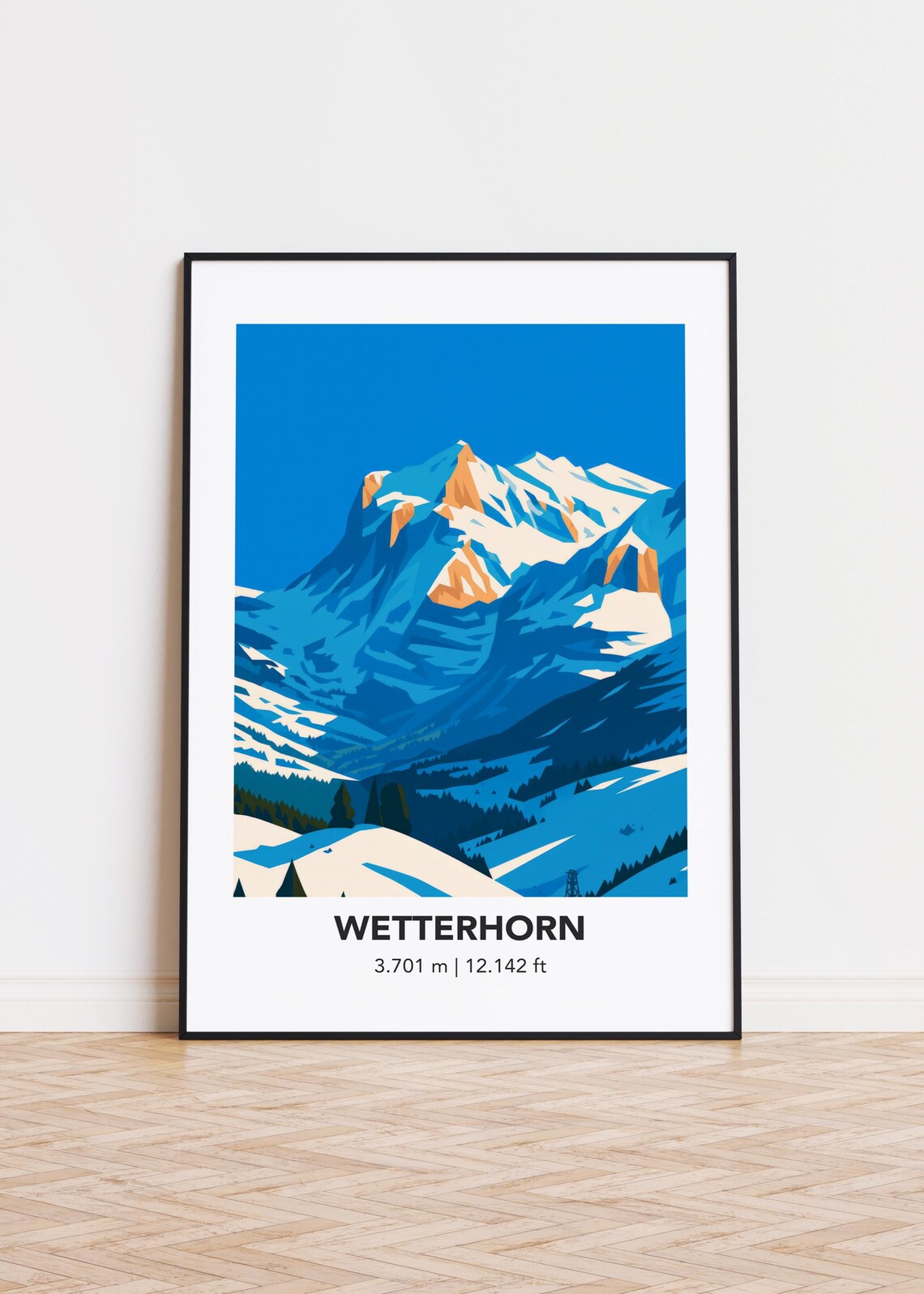 Wetterhorn Swiss Alps Snow Mountain Blue Retro Illustration Travel Poster