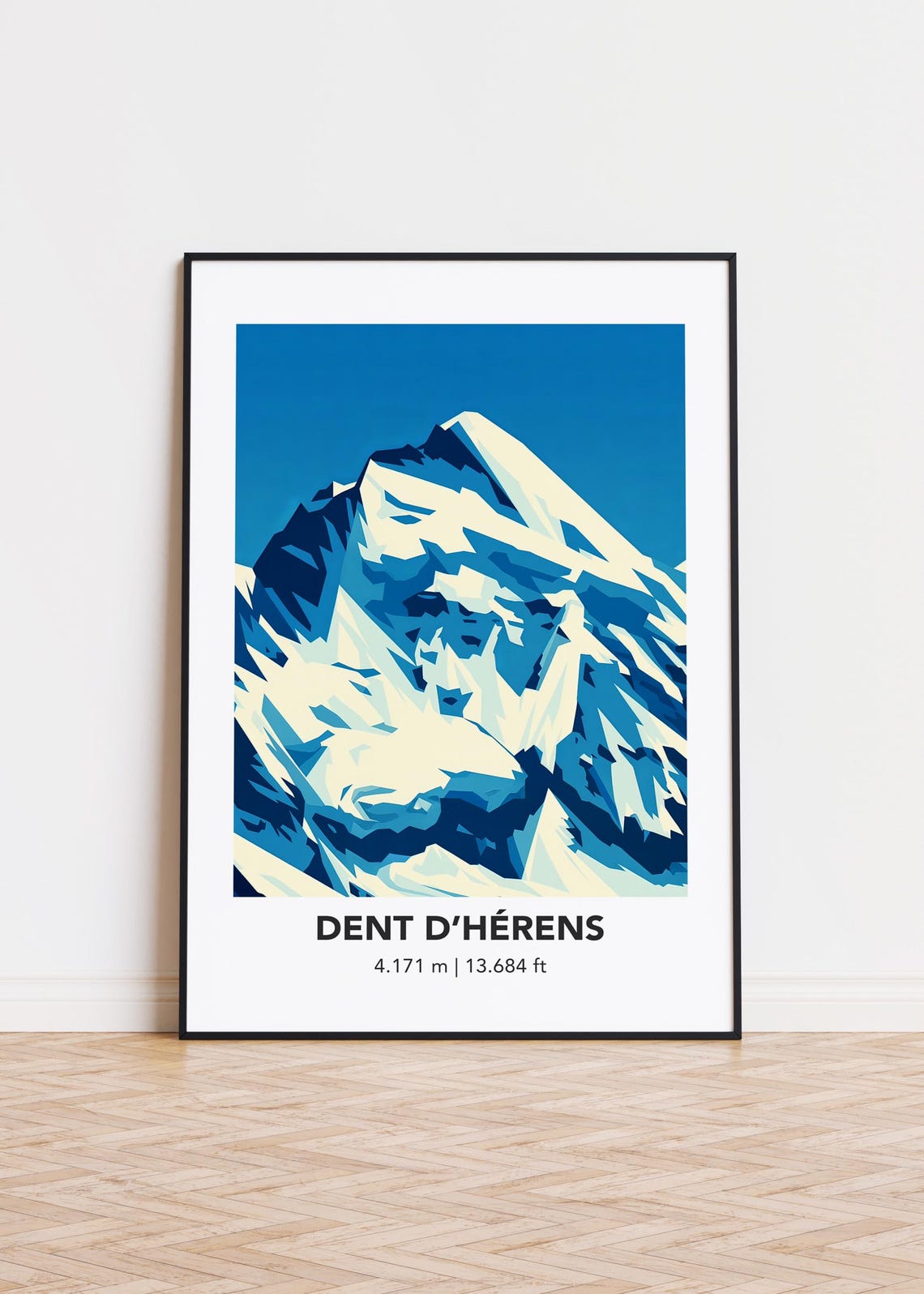 Dent dHerens Blue Alpine Snow Summit Geometric Travel Poster