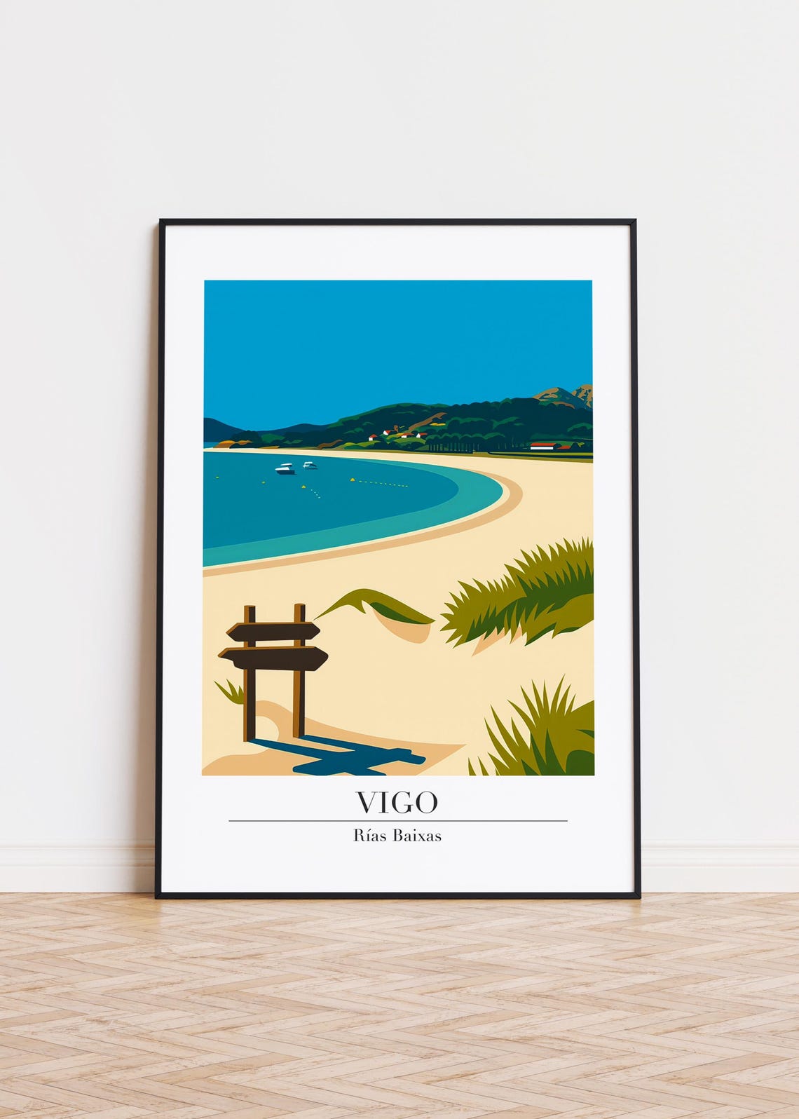 Vigo Rías Baixas Coastal Curved Beach Illustration Travel Poster