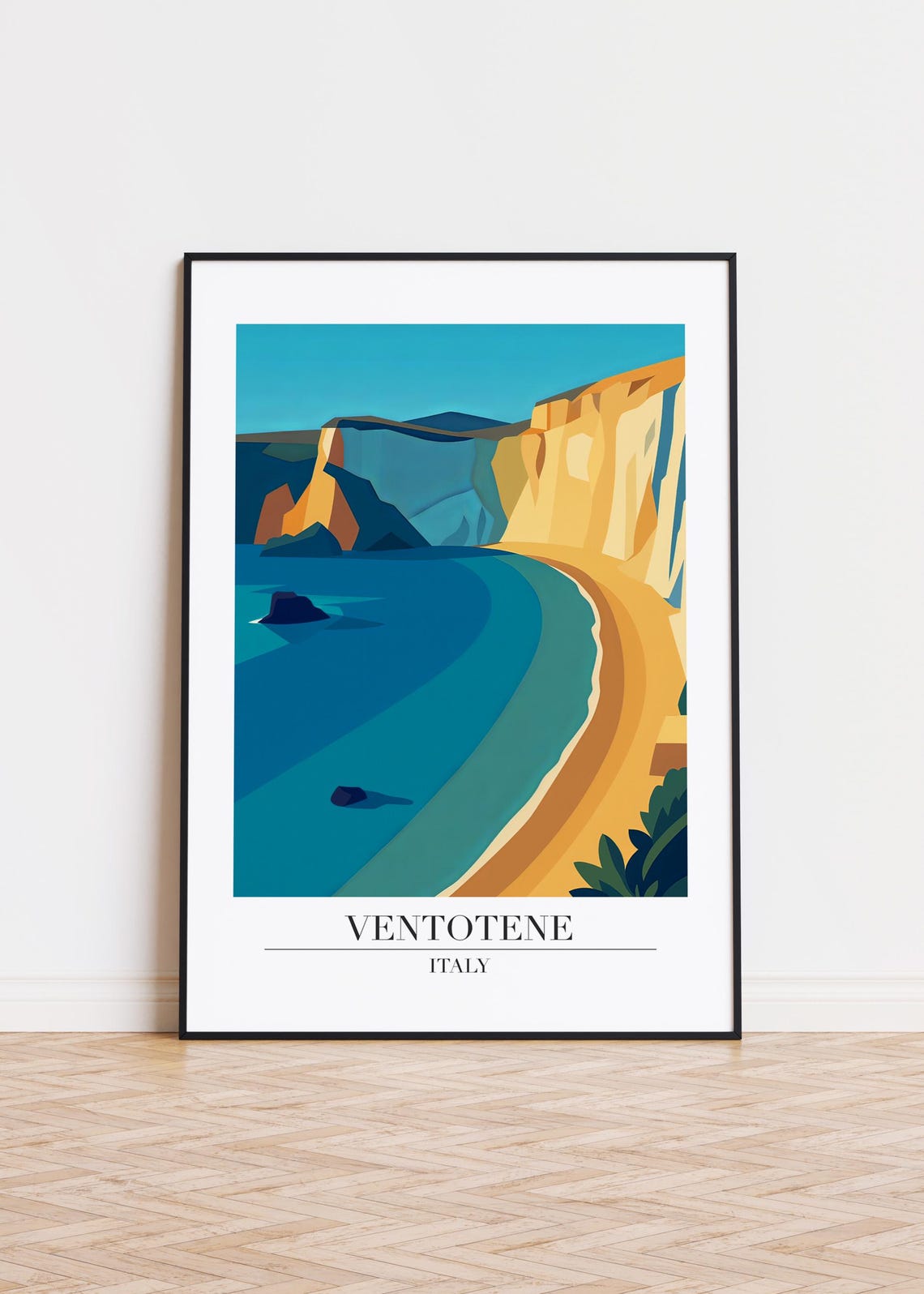 Ventotene Italy Travel Poster Golden Cliffs and Curved Beach View