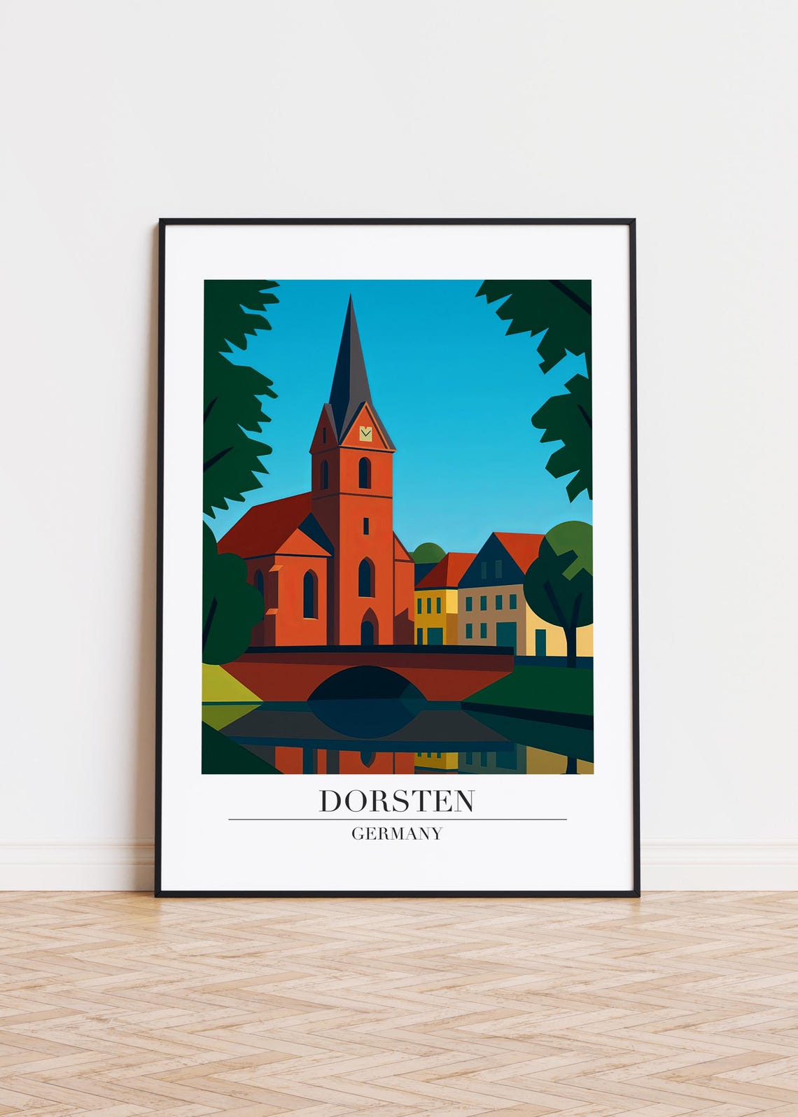 Dorsten Germany Red Brick Church River Bridge Landmark Travel Poster