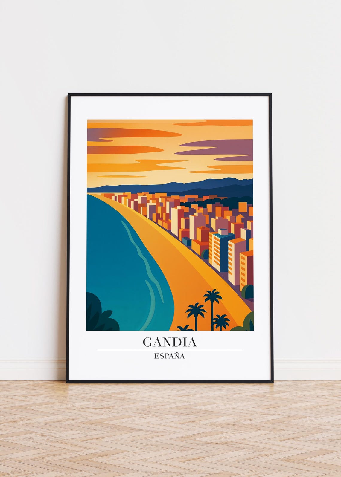 Gandia Spain Sunset Beach Skyline Modern Travel Poster with Palm Trees