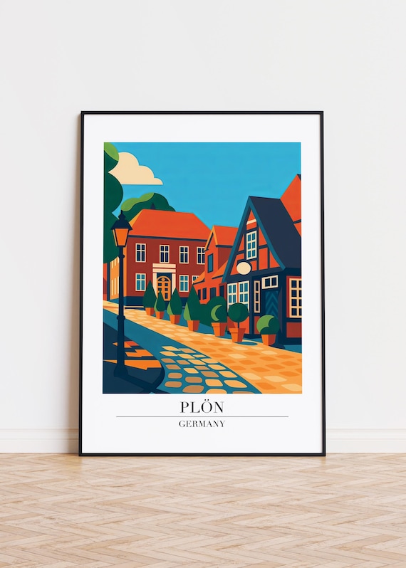 Plon Germany Cobblestone Old Town Lane Vintage Lamp Travel Poster