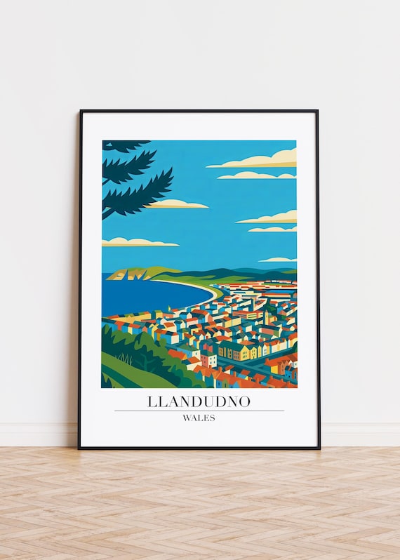 Llandudno Wales Coastal Town Aerial View Modern Travel Art Poster