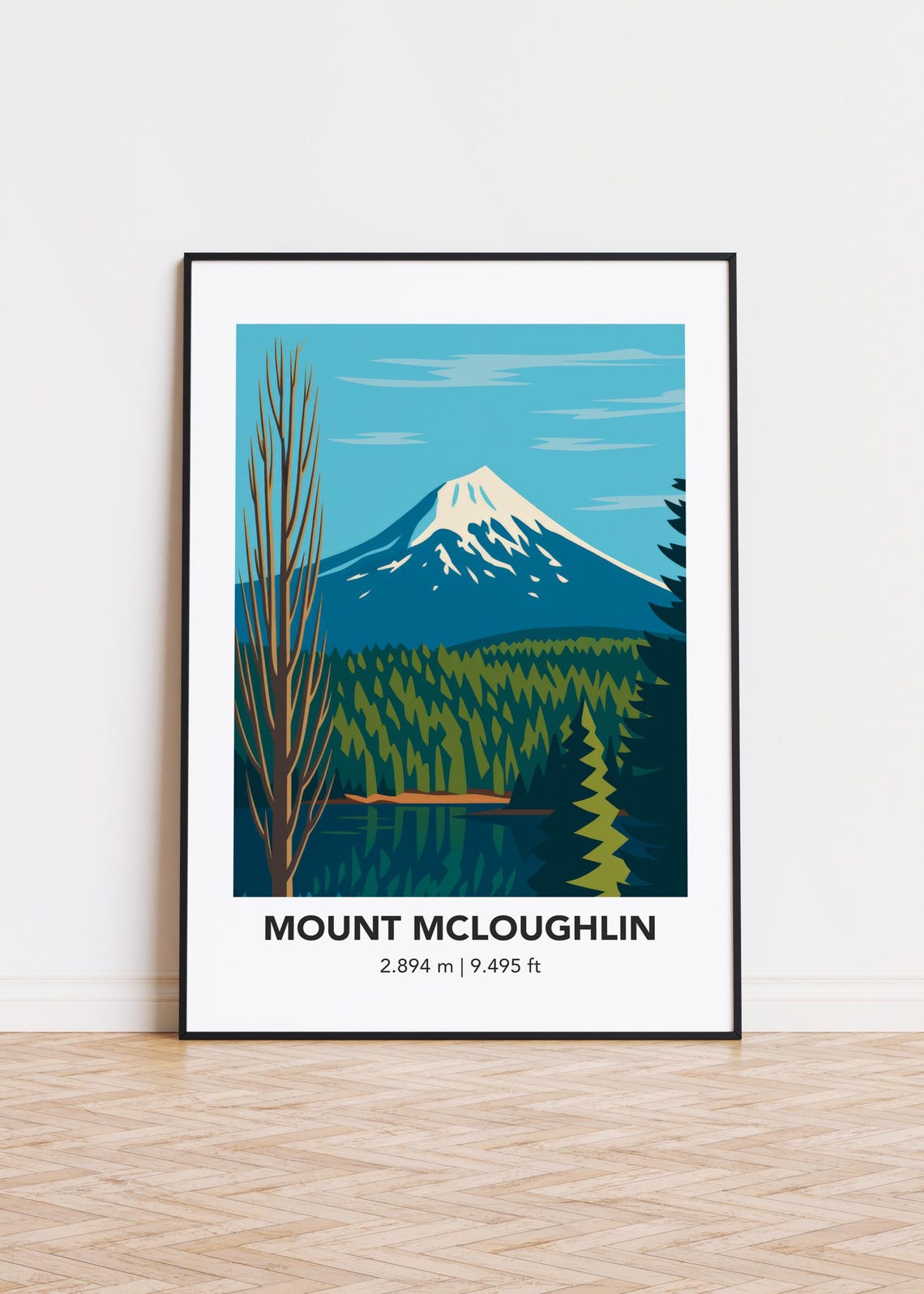 Mount McLoughlin Snow Peak Lake Retro Travel Style Nature Poster