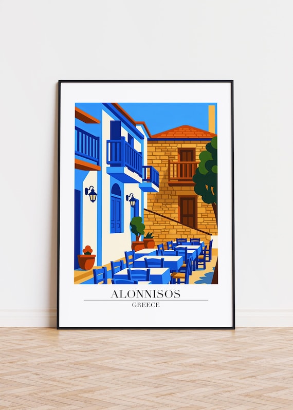 Alonnisos Greece Seaside Taverna Alley Colorful Retro Travel Poster
