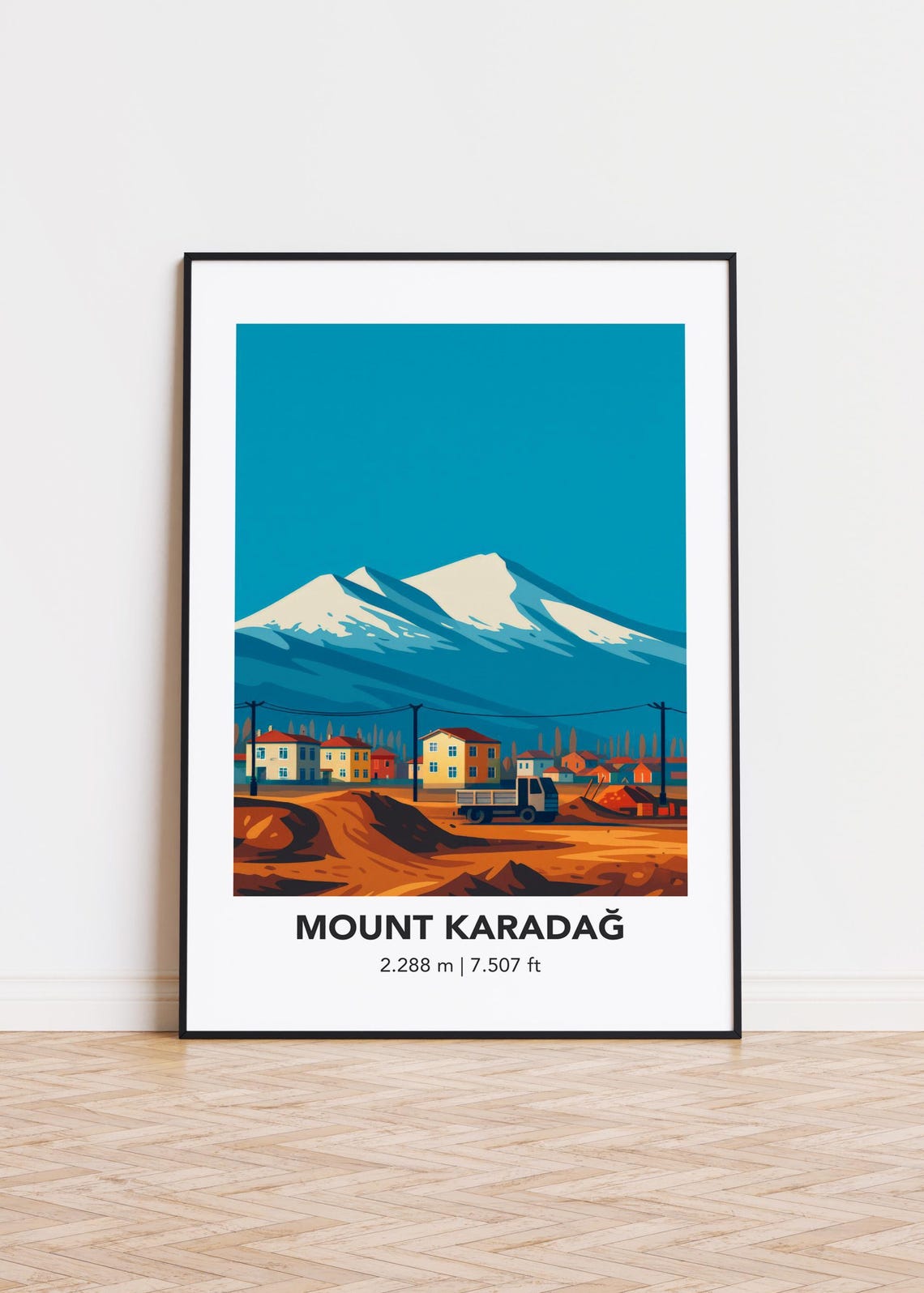 Mount Karadag Snowy Peak Over Village Retro Travel Style Poster