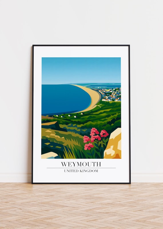 Weymouth United Kingdom Curved Bay Beach Coastal Illustration Poster