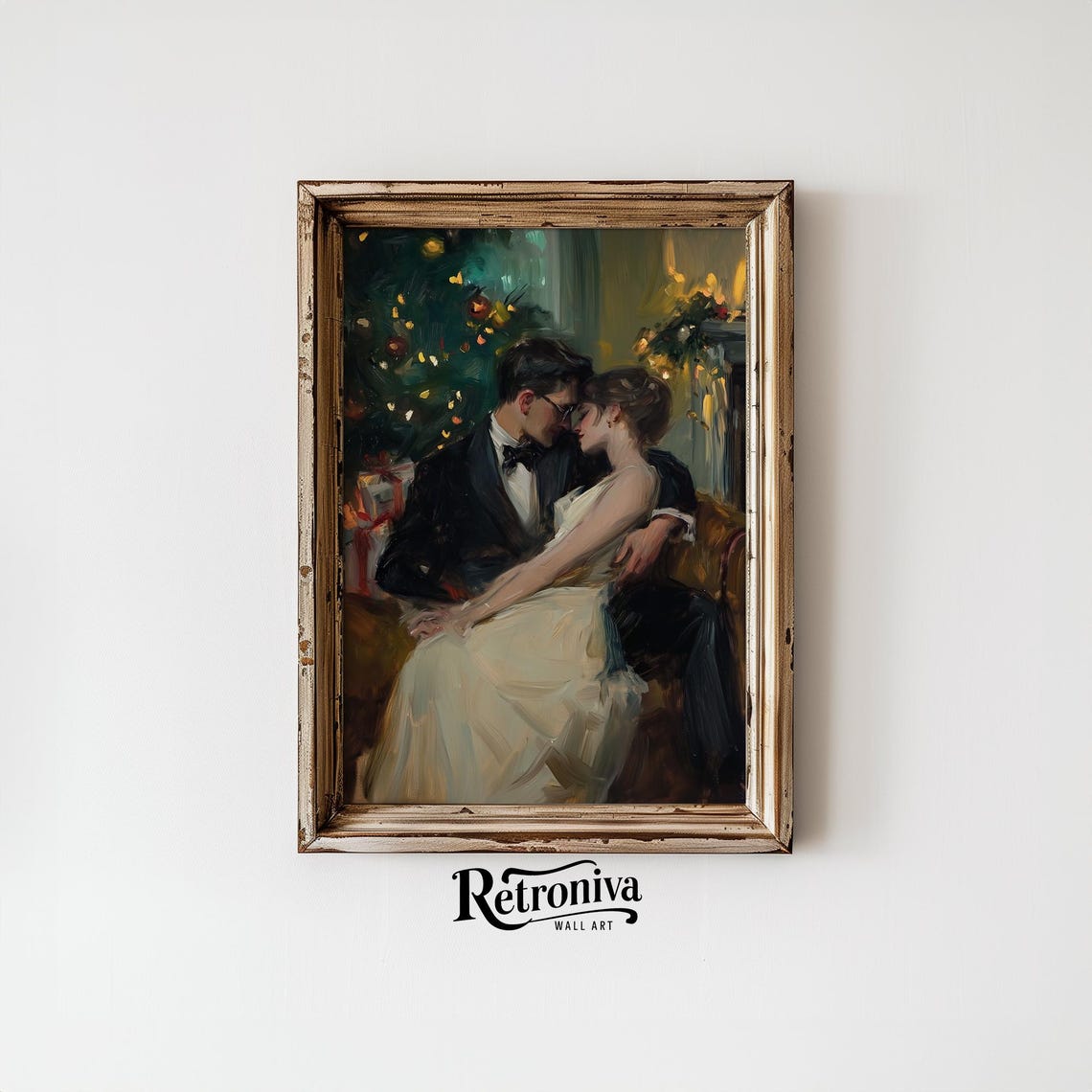 Couple In Love On Christmas Eve Vintage Oil Painting Romantic Winter Night Art Kissing Couple Wall Decor Retroniva Art Cpl 011 - Image 5