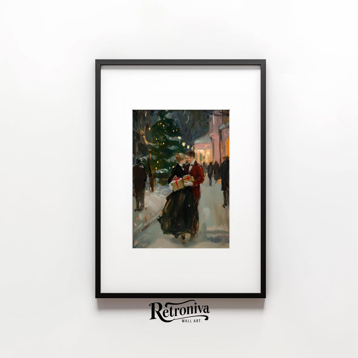 Couple Walking On The Street With Christmas Gifts Vintage Oil Painting Romantic Couple Love Art Print Retroniva Art Cpl 012 - Image 4