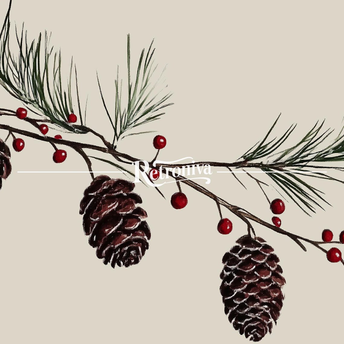 Pinecones And Red Berries Branch Vintage Winter Botanical Print - Image 7