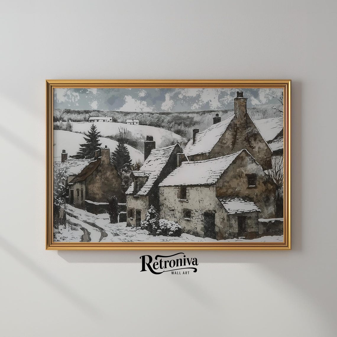 Rustic Snowy Stone Village With Chimneys Vintage Winter Poster - Image 2