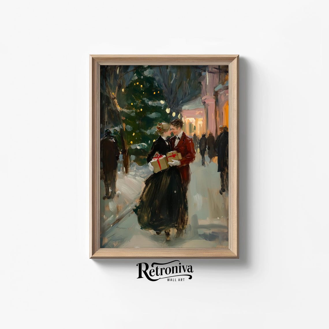 Couple Walking On The Street With Christmas Gifts Vintage Oil Painting Romantic Couple Love Art Print Retroniva Art Cpl 012