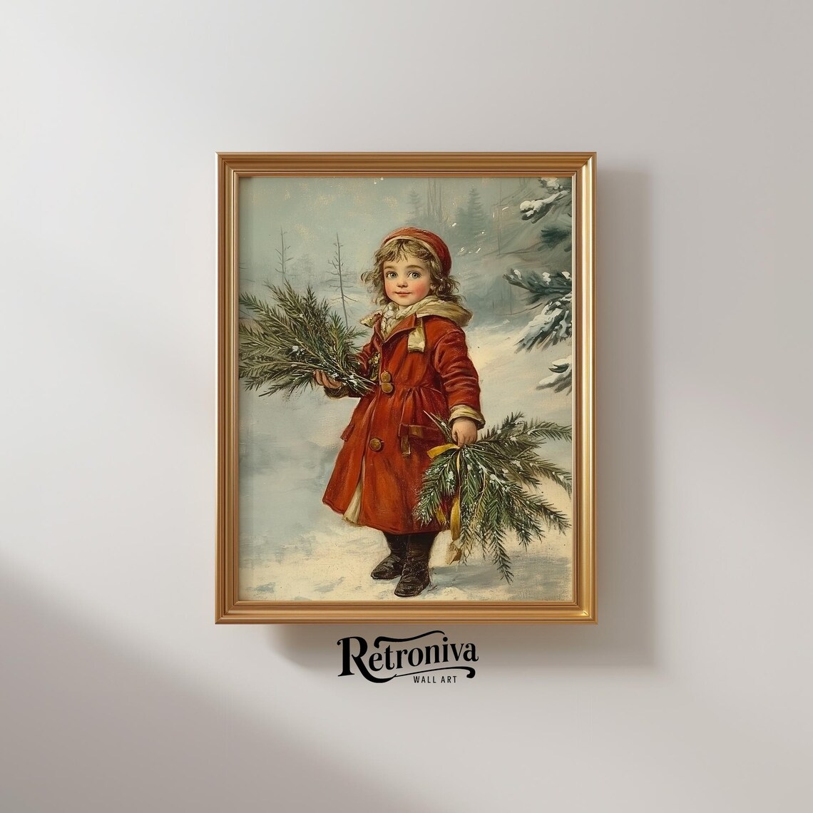 Vintage Christmas Girl In Red Coat Holding Evergreen Boughs Poster - Image 2