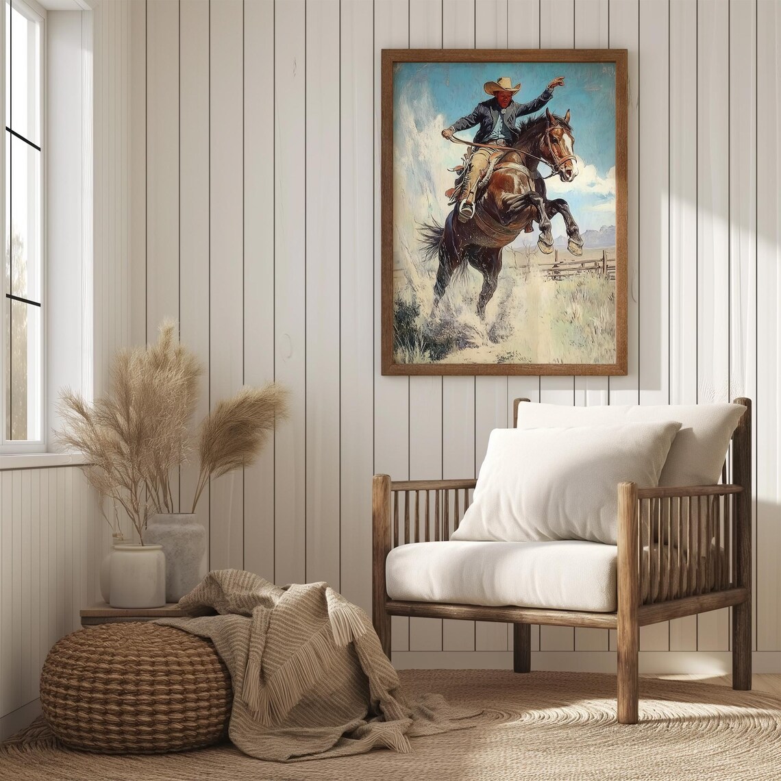 Cowboy On Bucking Horse Vintage Western Rodeo Oil Painting Poster - Image 4