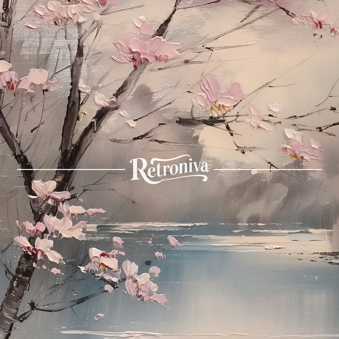 Cherry Blossom Tree by Calm Spring Lake Moody Blossom Painting Poster - Image 7
