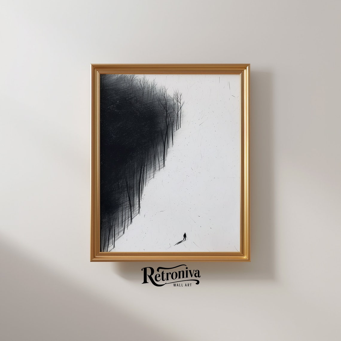 Lone Figure Walking Snowy Forest Edge Minimalist Ink Sketch Print - Image 2