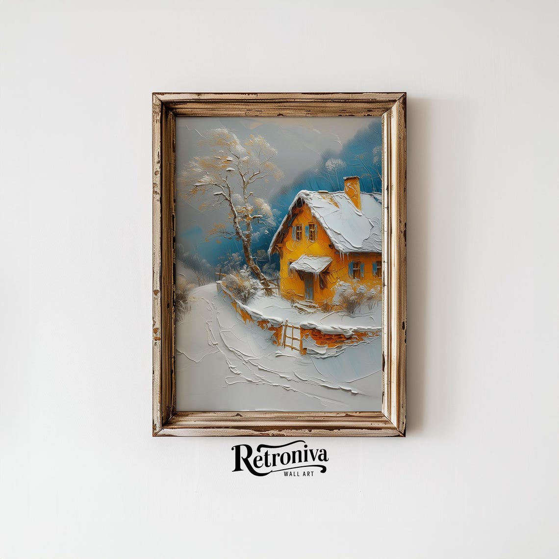 Yellow Cottage In Snowy Winter Landscape Oil Painting Rustic Country Farmhouse Decor Christmas Wall Art Retroniva Art Wnt 010 - Image 6