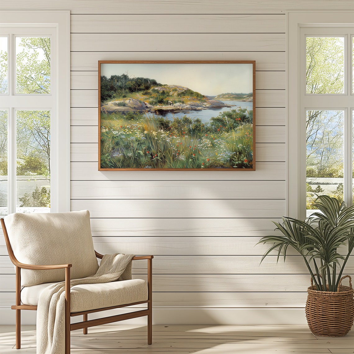 Vintage Summer Riverside Wildflower Meadow And Rocky Hills Poster - Image 3
