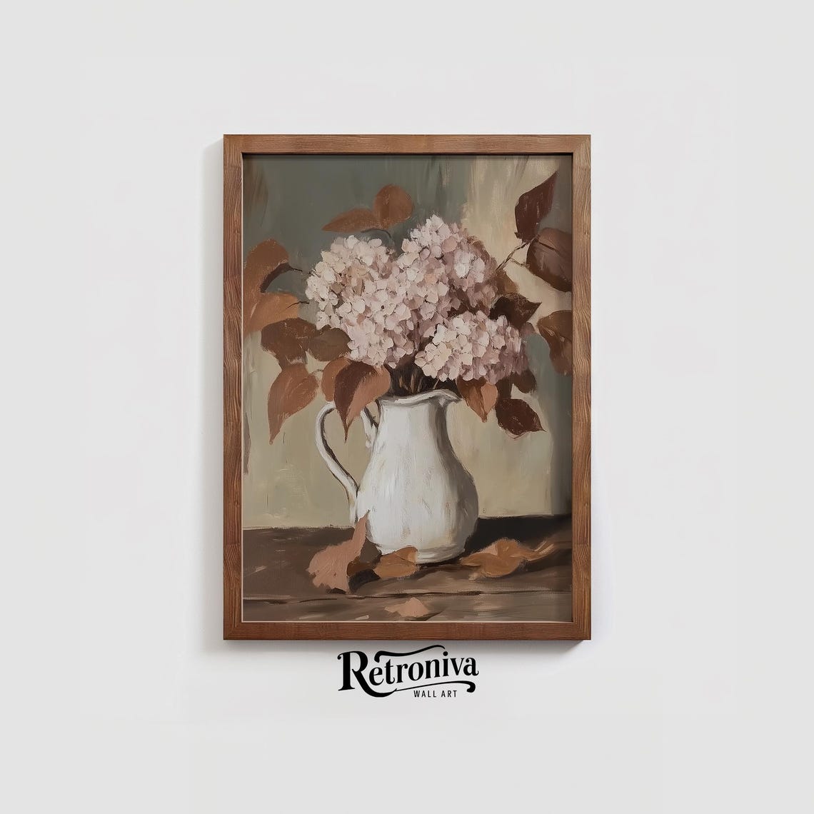 Pink Hydrangea in White Pitcher Moody Vintage Flower Painting Poster - Image 3