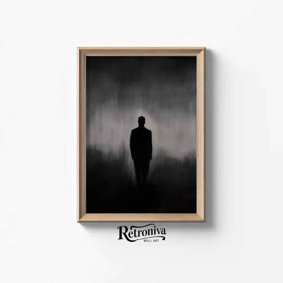 Man Walking On A Dark Foggy Night Moody Wall Art Rainy Dark Academia Art Print Gothic Home Decor Retroniva Art Ngt 005