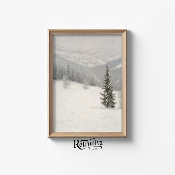 Muted Snowy Mountain Valley Vintage Winter Landscape Pines Poster