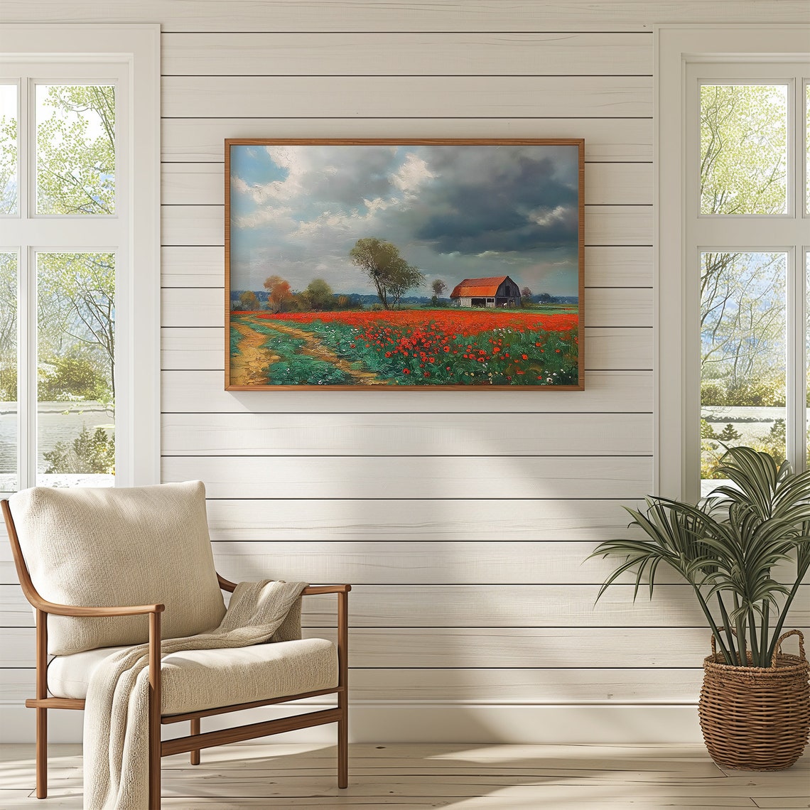 Vast Red Poppy Field With Barn Under A Dramatic Stormy Sky Poster - Image 3