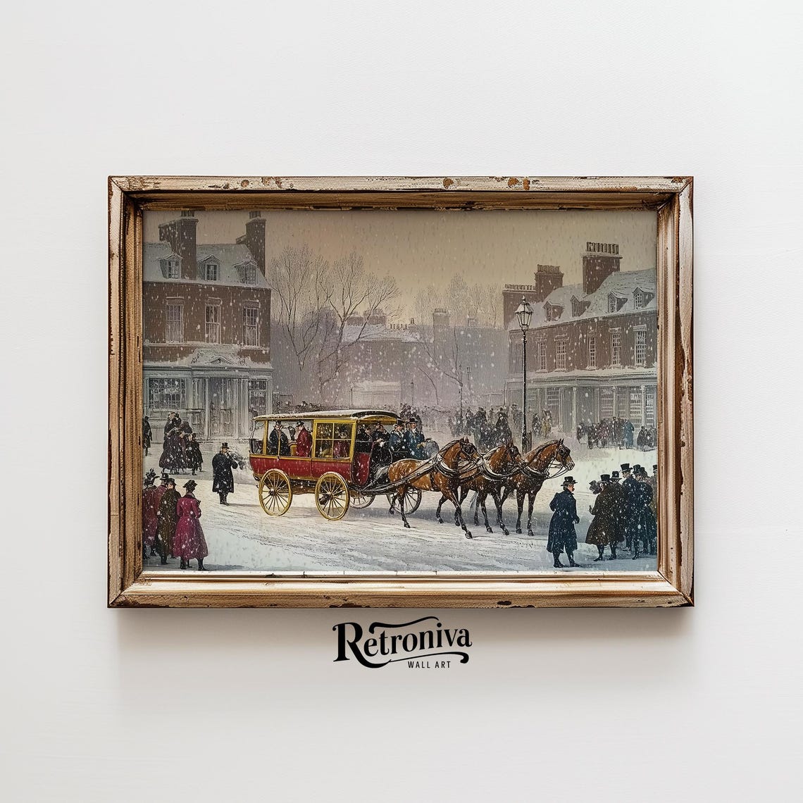 Winter Cityscape With Horse Carriage Vintage Oil Painting People In Old Town Center Farmhouse Wall Decor Retroniva Art Wnt 026 - Image 6