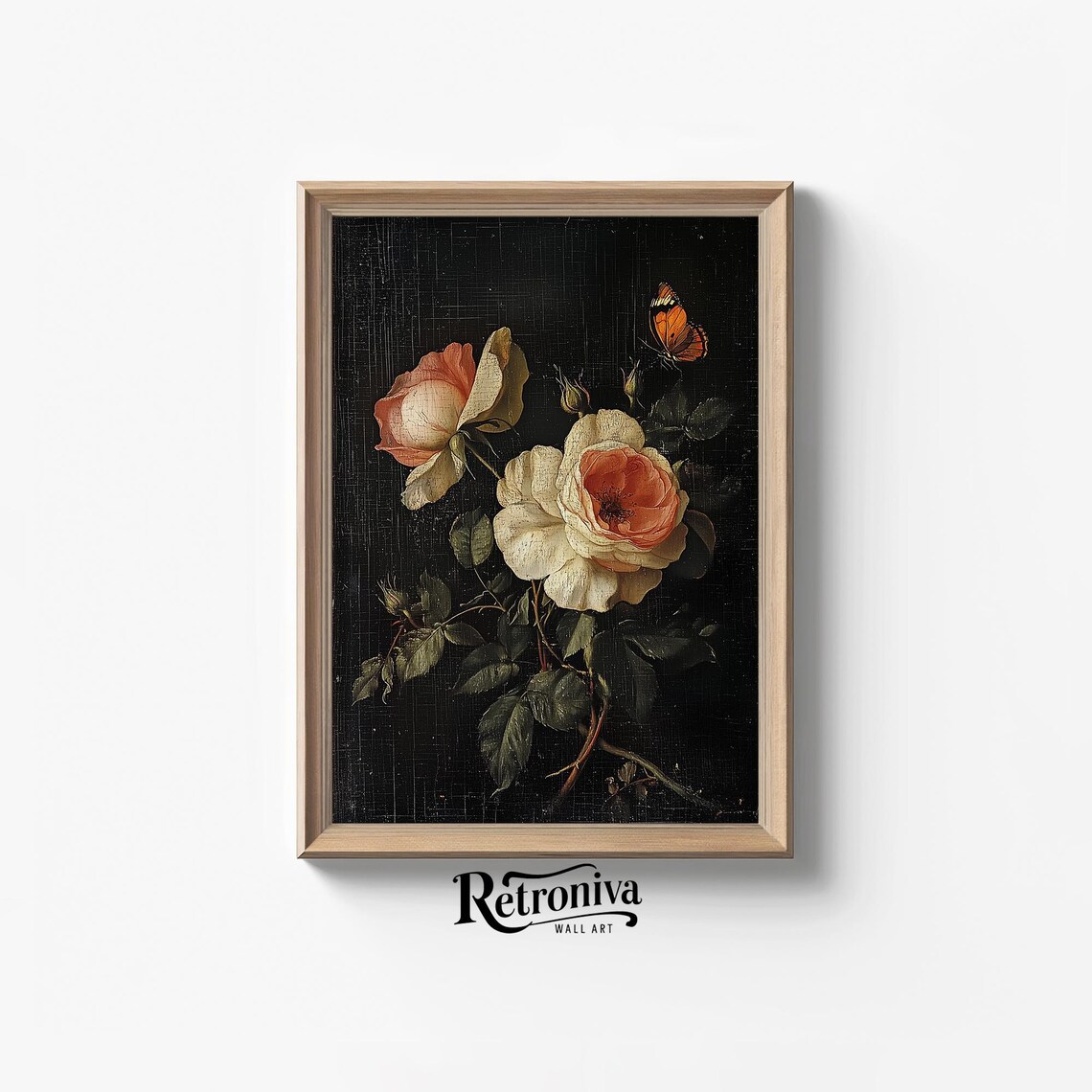 Roses With Butterfly Dark Floral Vintage Botanical Black Art Poster