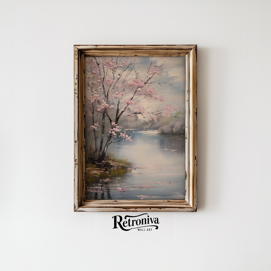 Cherry Blossom Tree by Calm Spring Lake Moody Blossom Painting Poster - Image 6