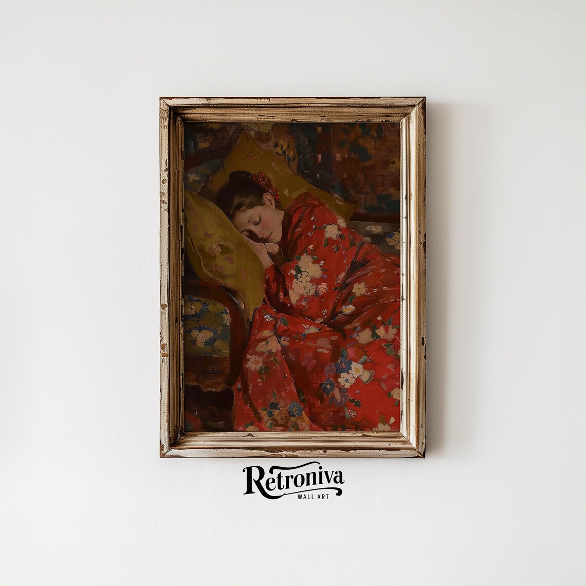 Tired Woman Sleeping Red Kimono Chaise Vintage Portrait Oil Painting Poster - Image 5