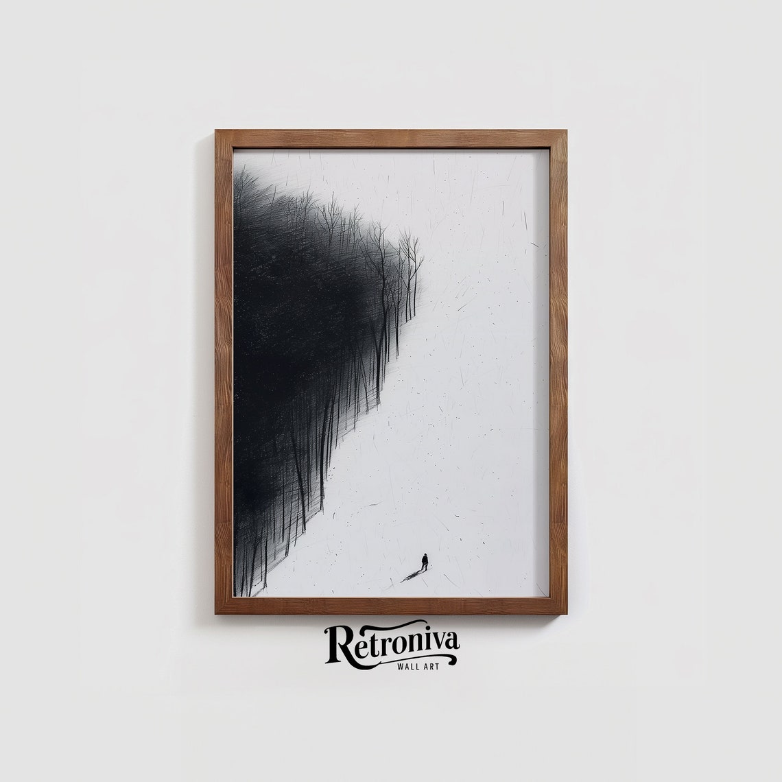 Lone Figure Walking Snowy Forest Edge Minimalist Ink Sketch Print - Image 4