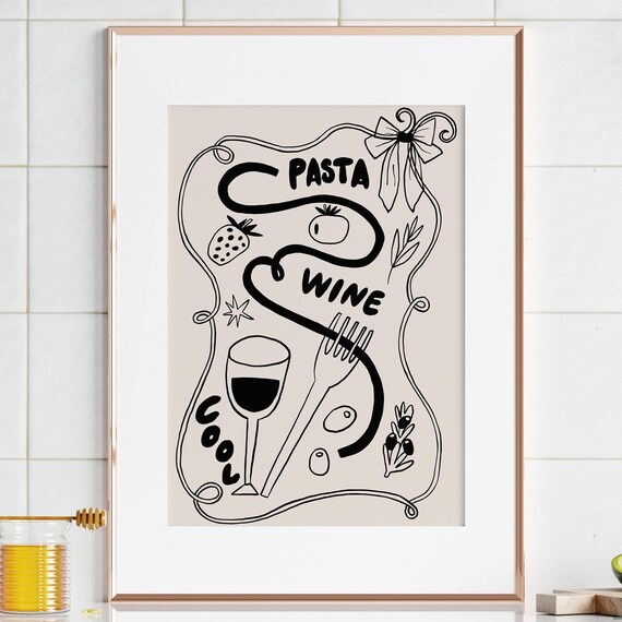 Hand Drawn Pasta Wine and Italian Food Doodle Kitchen Poster