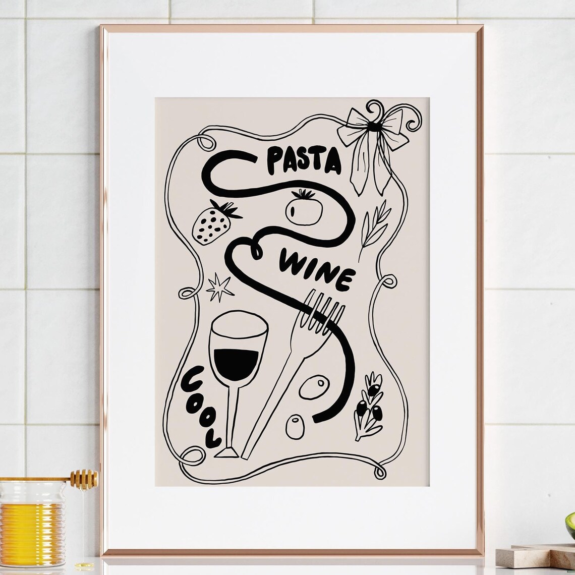 Hand Drawn Pasta Wine and Italian Food Doodle Kitchen Poster