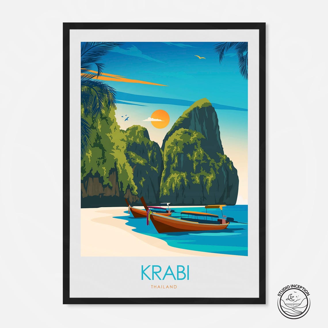 Krabi Thailand Limestone Cliffs Longtail Boats Beach Sunset Poster