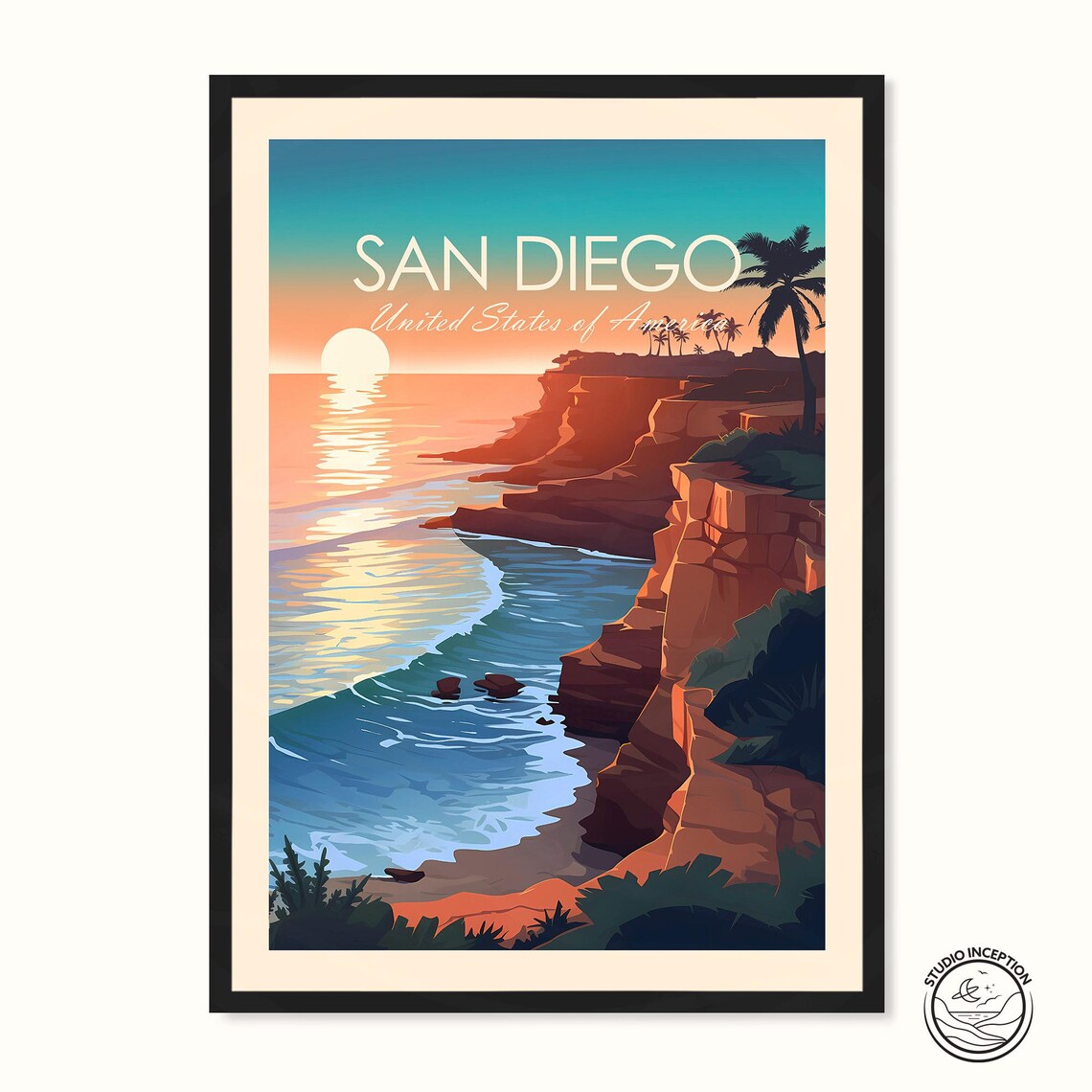 San Diego Sunset Cliffs Travel Poster, Travel Print