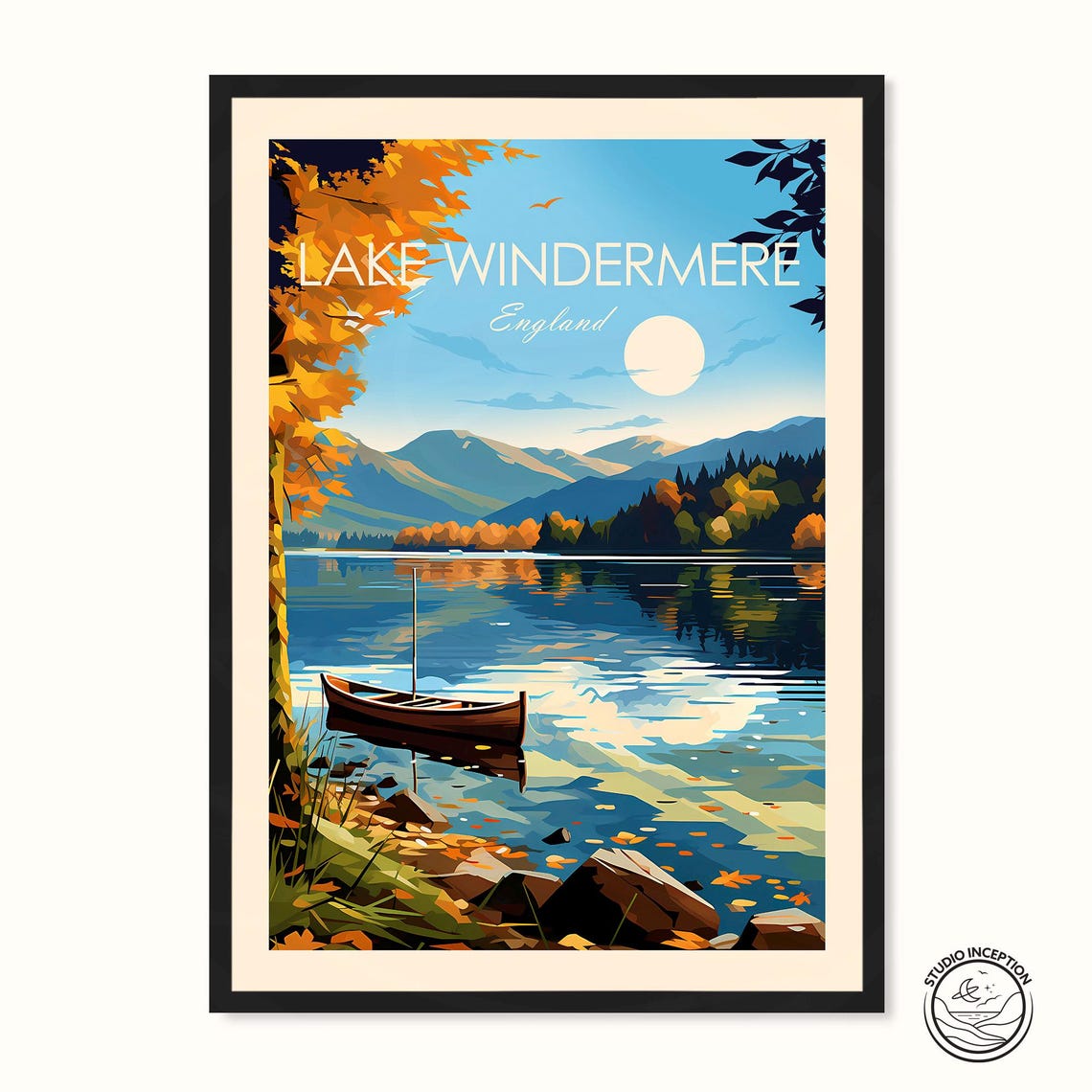 Lake Windermere England Autumn Lakeside Rowboat Scene Travel Poster