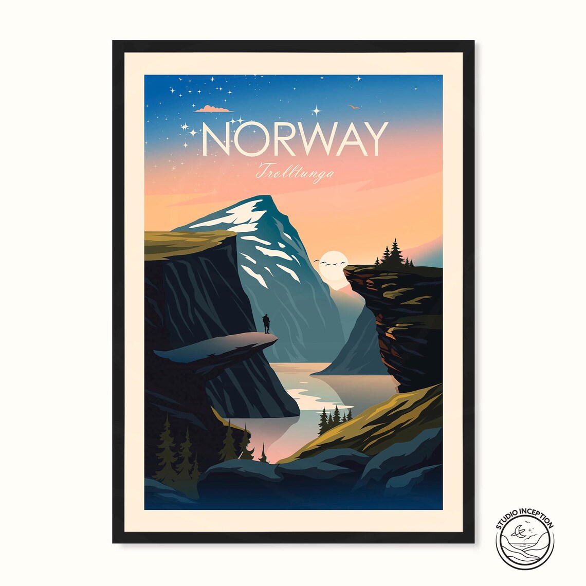 Norway Trolltunga Cliff Fjord Sunset Hiker Vintage Travel Poster
