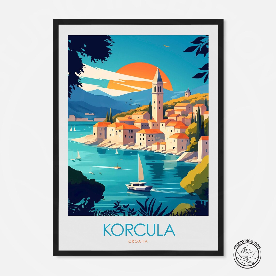 Korcula Croatia Old Town Harbor Sailboats Island Sunset Poster