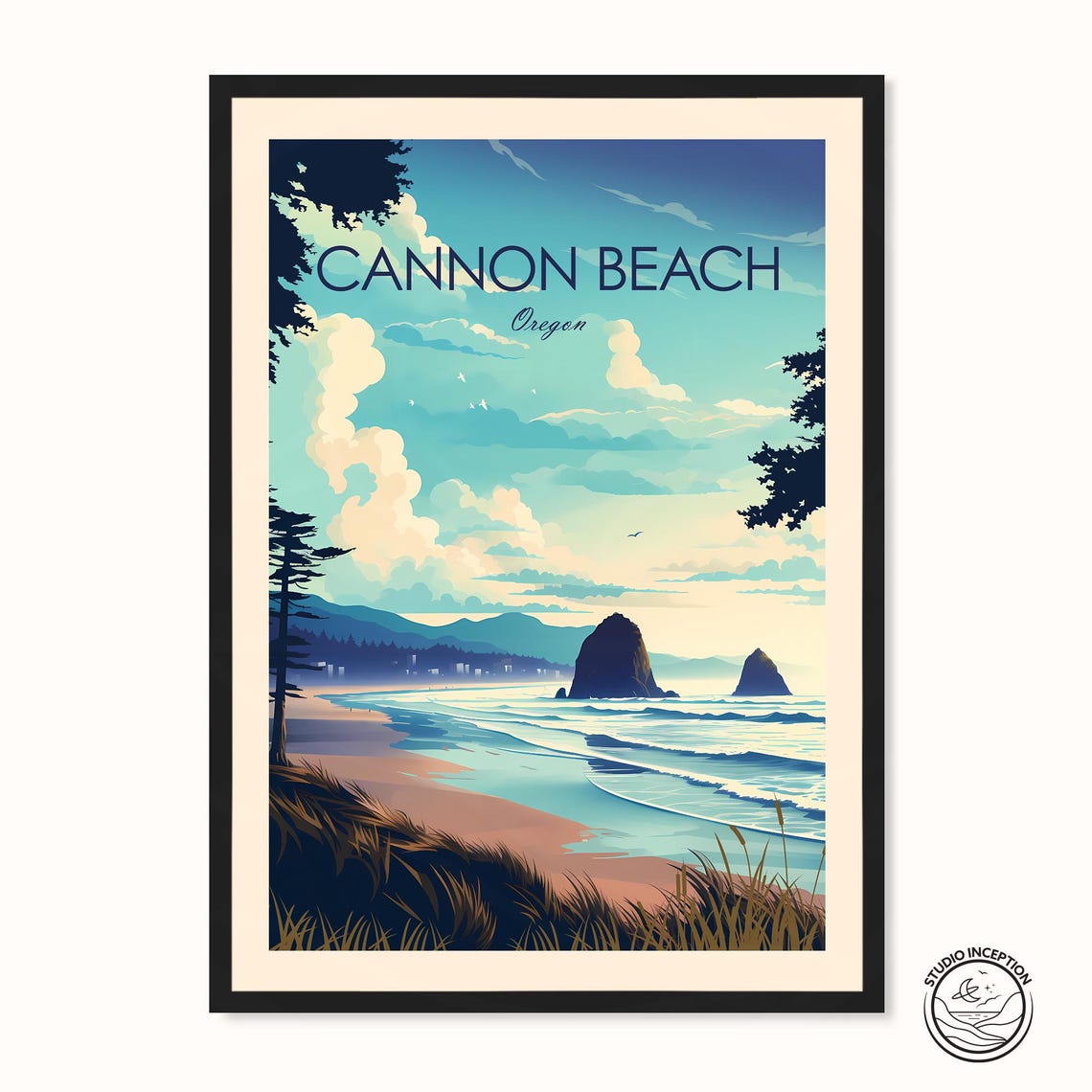 Cannon Beach Oregon Haystack Rock Coastal Sunset Travel Poster