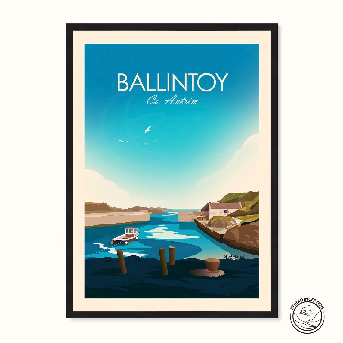 Ballintoy County Antrim Harbor Boat Coast Vintage Travel Poster