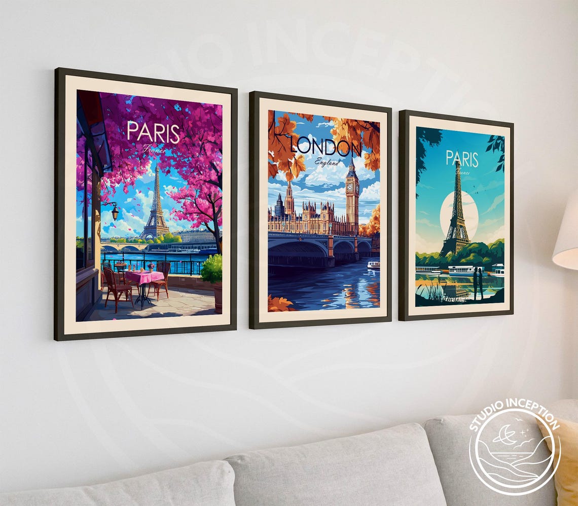 Three Piece Vintage Travel Poster Set Featuring Paris and London