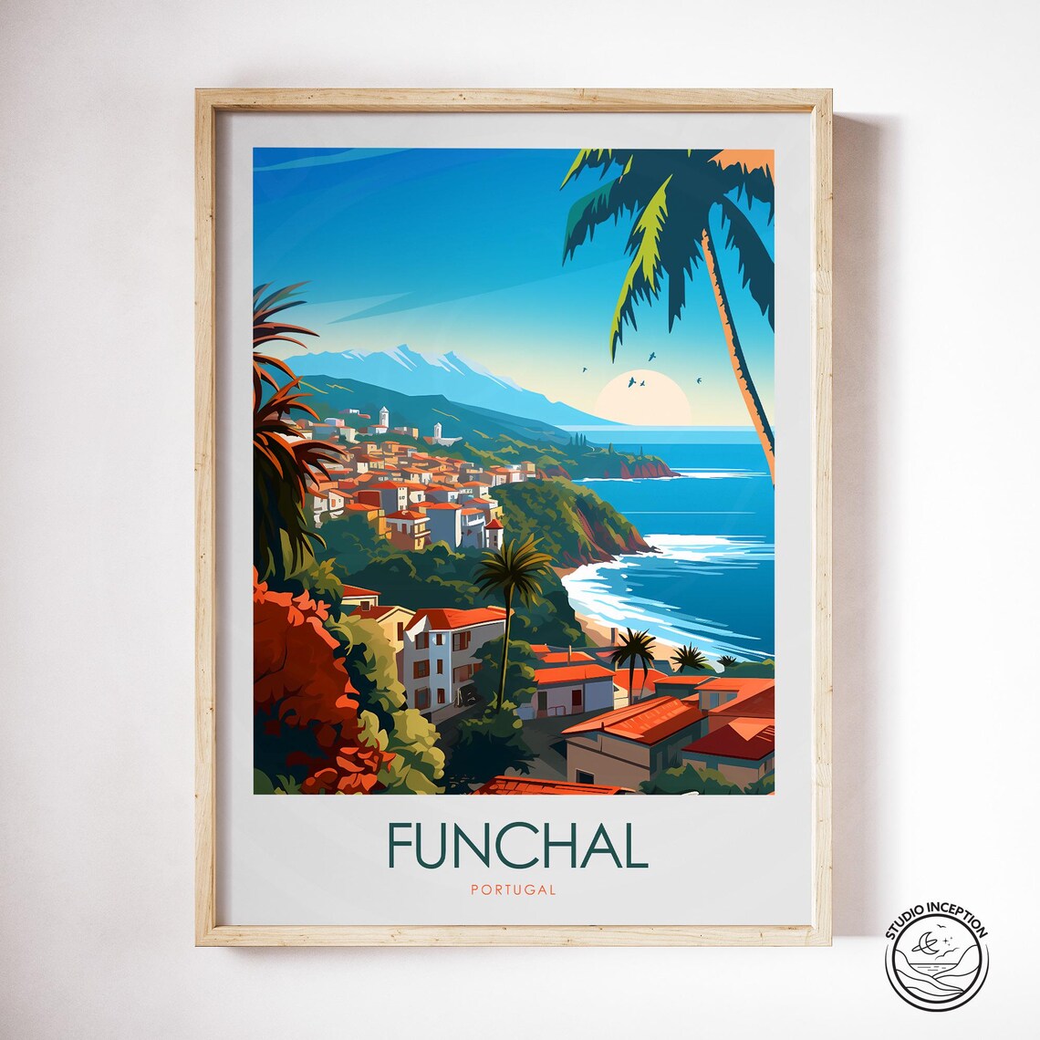 Funchal Portugal Palm Trees Coastline Beach Resort Scene Poster - Image 2