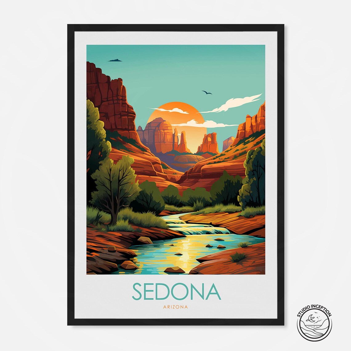 Sedona Arizona Red Rock Canyon Creek Sunset Minimal Travel Poster