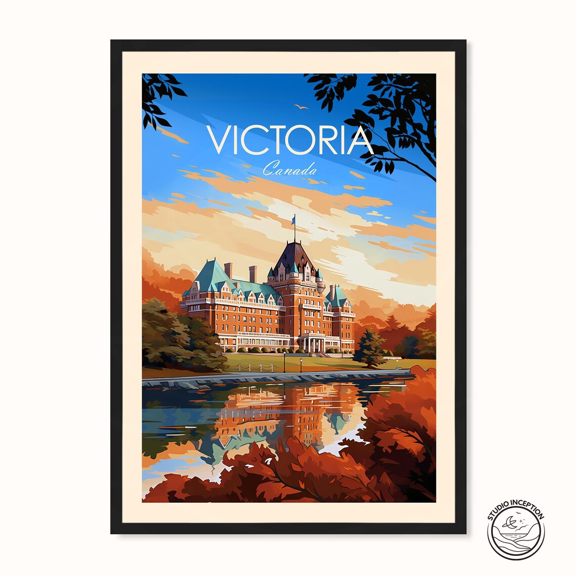 Victoria Canada Grand Hotel Waterfront Reflection Sunset Travel Poster