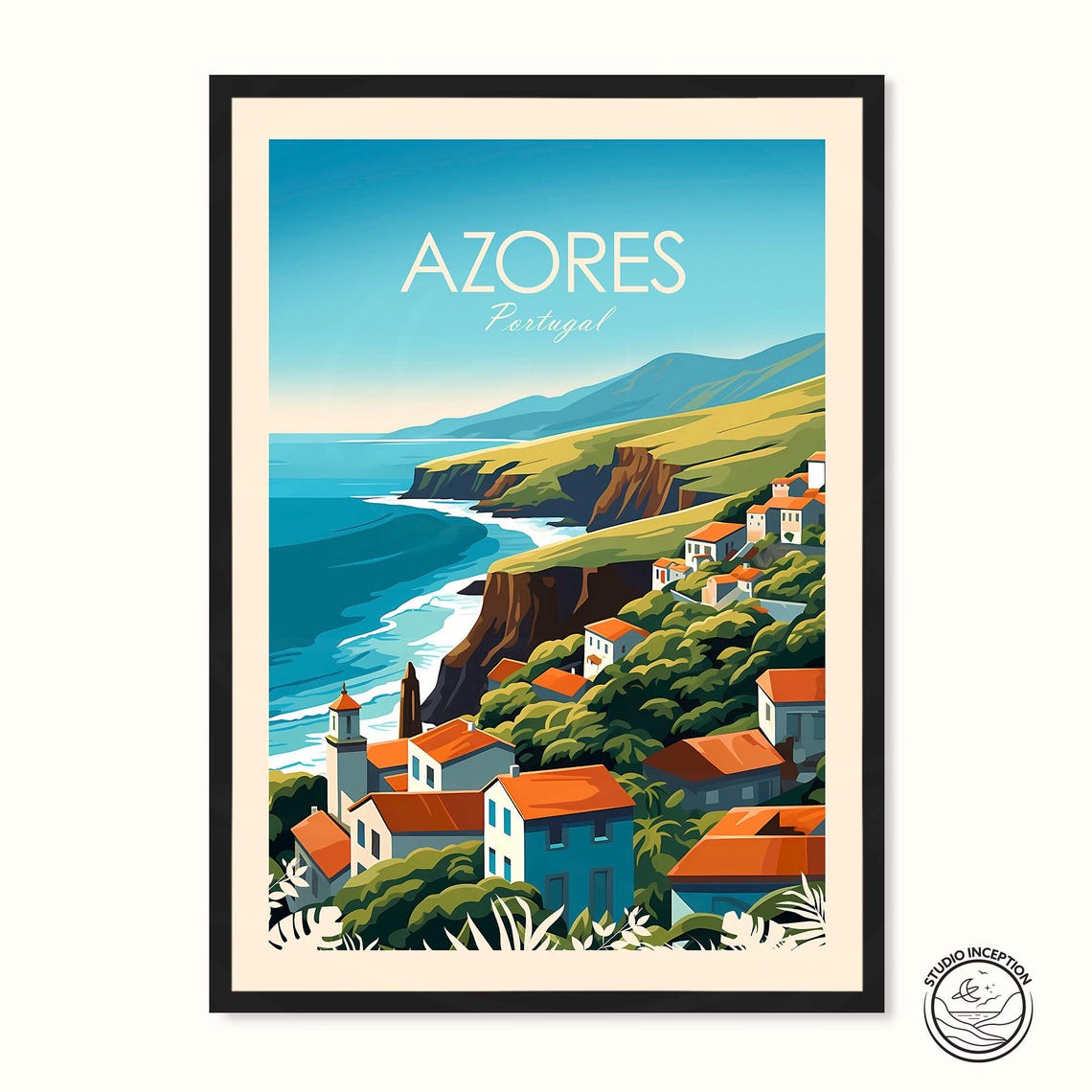 Azores Portugal Cliffside Village Ocean View Vintage Travel Poster