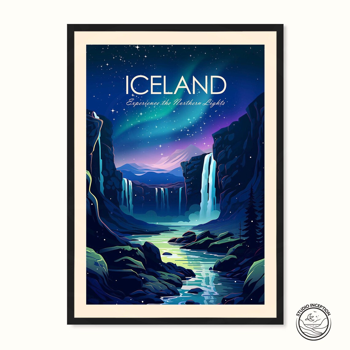 Iceland Traditional Print, Northern Lights Travel Poster