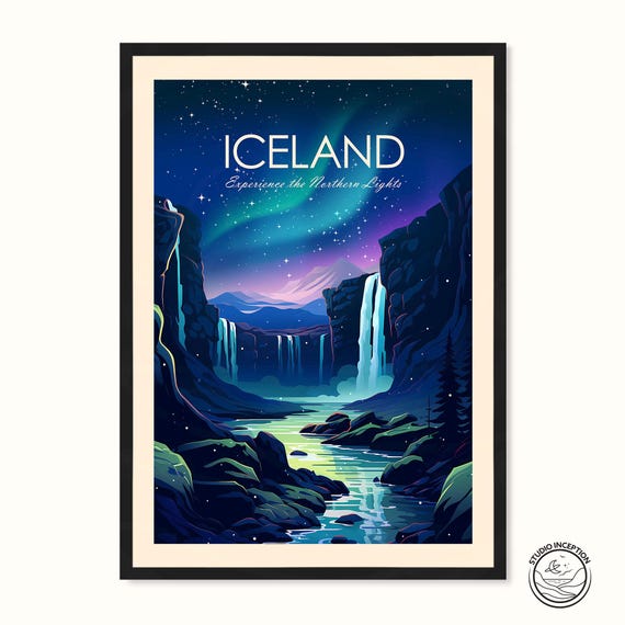 Iceland Traditional Print, Northern Lights Travel Poster