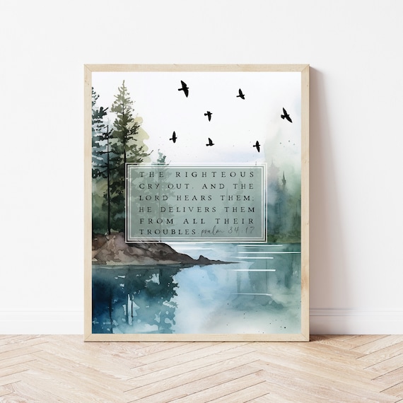 Psalm 3417 Righteous Cry Out Watercolor Forest Lake Scripture Art Poster
