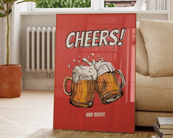 Retro Cheers And Beers Wall Artaesthetic Bar Cart Artpreppy Postertrendy Beer Print Bar Posterbeer Giftalcohol Wall Art Print